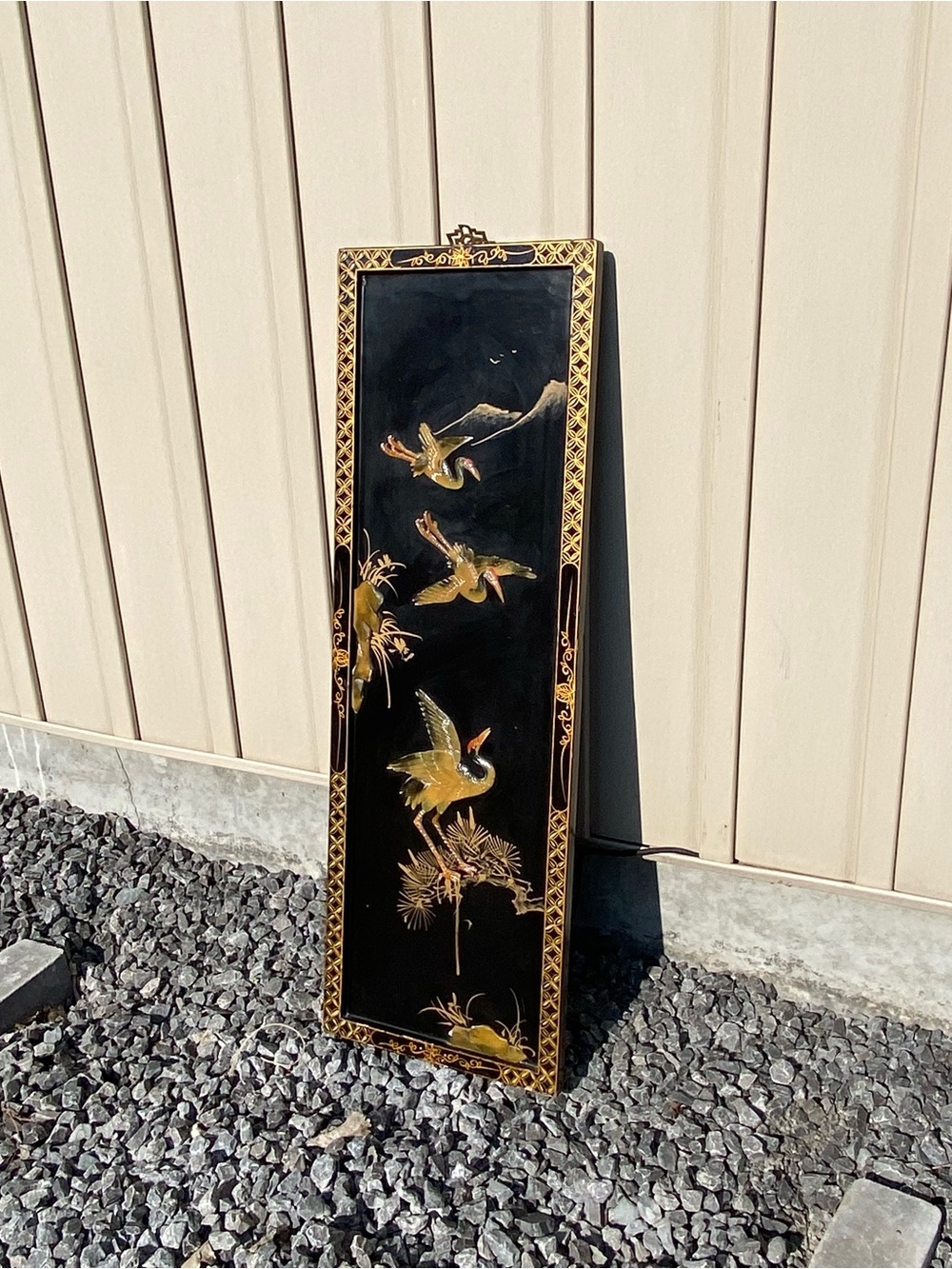 Vintage Black Lacquer Wall Panel with Bird Art